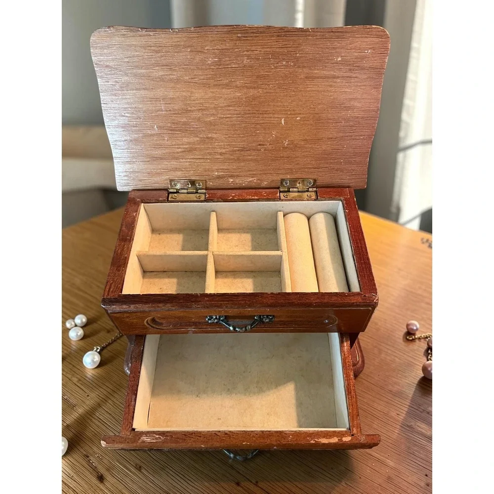 Vintage Wooden Jewelry Box with Drawers Ring Holder Victorian Style Dresser Box